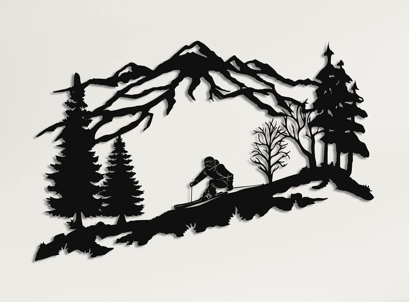 DEKADRON Metal Skier Wall Art, Mountain and Trees Themed Wall Art, Metal Wall Decor, Ski Lover Gift, Home Decoration, Wall Hangings (24" W x 15" H / 60x38 cm) - Image 1
